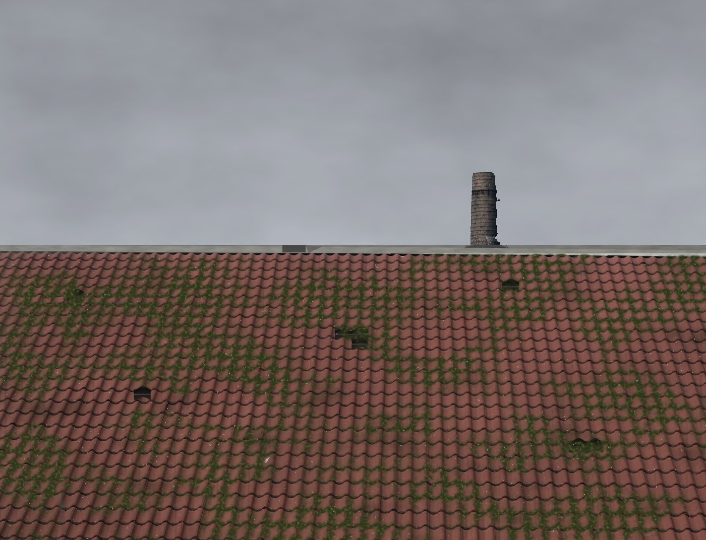 Example before: a mossy clay-tiled roof with missing tiles